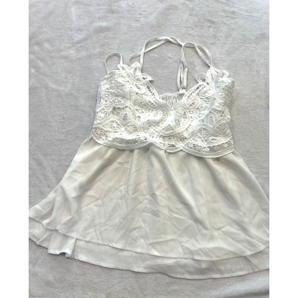 Feager White Crochet Lace V-Neck Camisole Smocked Back Peplum Top XL